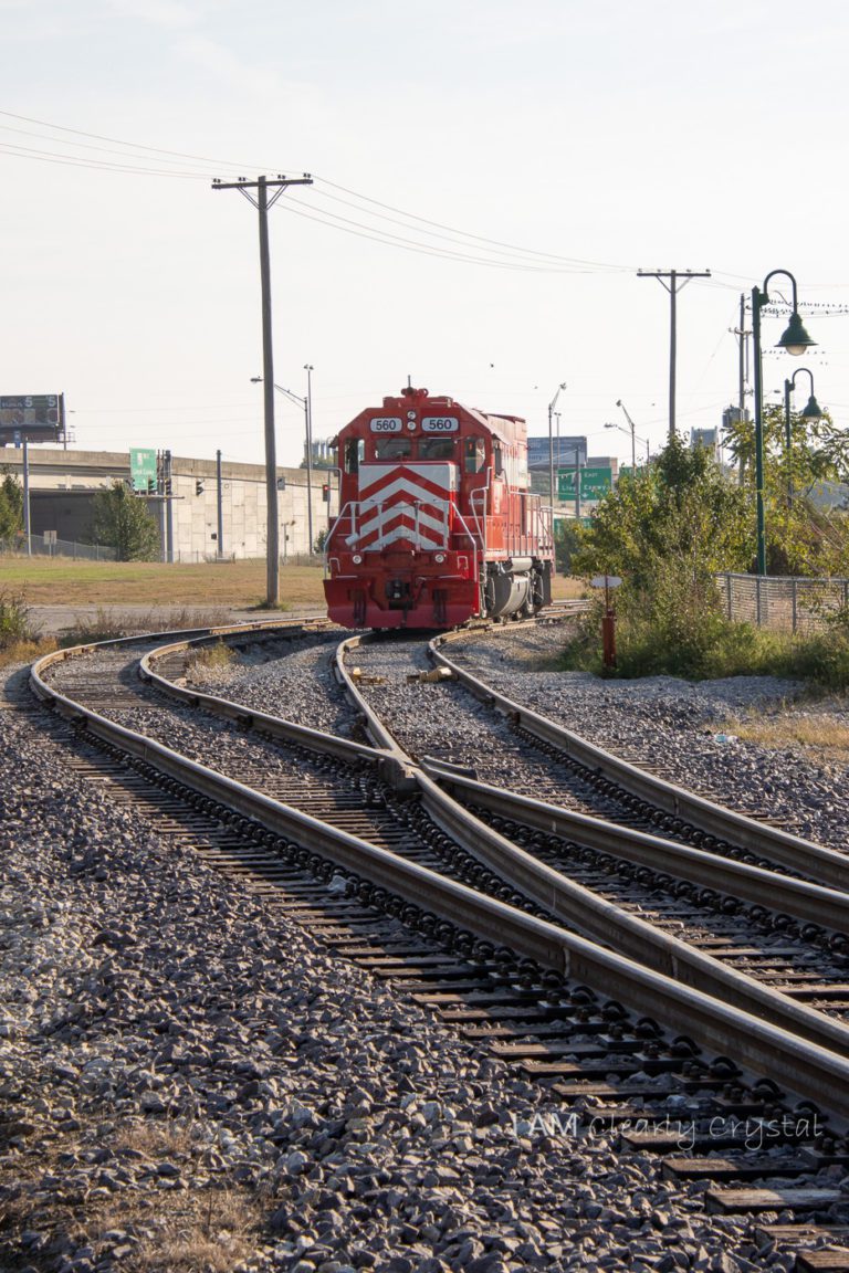 train on railroad tracks in city