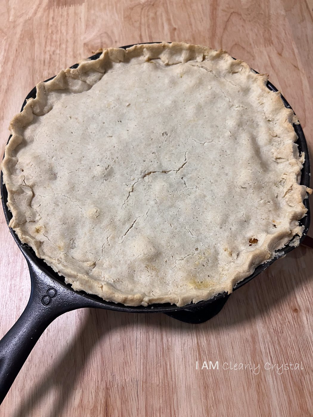 chicken pot pie in iron skillet